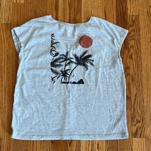 Roxy Oversized V-Neck Gray T-shirt Palm Tree Graphic On Back